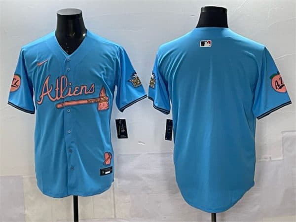 Atlanta Braves Blank Blue 2024 Atliens Peach With Outkast Patch Vapor Limited Stitched Jersey