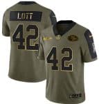 San Francisco 49ers #42 Ronnie Lott 2021 Olive Camo Salute To Service Golden Limited Stitched Jersey