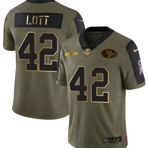 San Francisco 49ers #42 Ronnie Lott 2021 Olive Camo Salute To Service Golden Limited Stitched Jersey