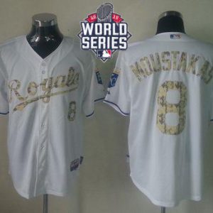 Royals #8 Mike Moustakas White USMC Cool Base W 2015 World Series Patch Stitched Jersey
