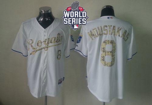 Royals #8 Mike Moustakas White USMC Cool Base W 2015 World Series Patch Stitched Jersey