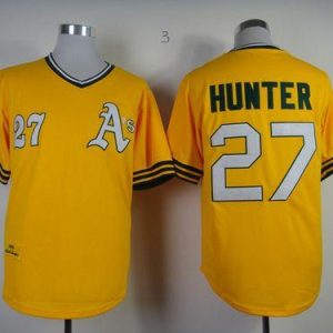 Mitchell And Ness Athletics #27 Catfish Hunter Yellow Throwback Stitched Jersey