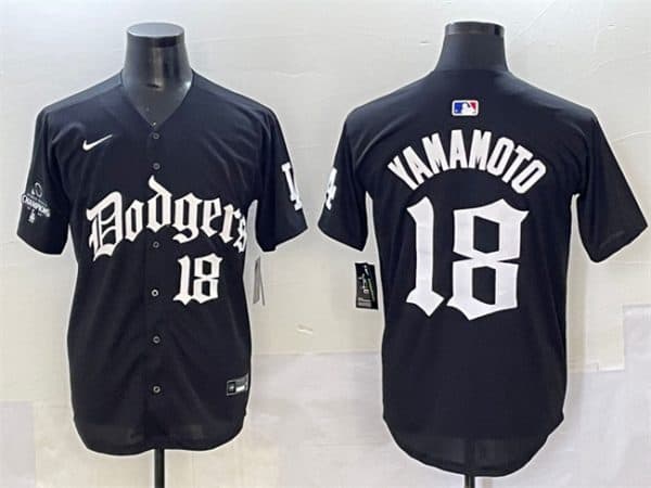 Los Angeles Dodgers #18 Yoshinobu Yamamoto Black 2025 LA Gothic Style With 2024 World Series Champions Patch Vapor Premier Limited Stitched Jersey
