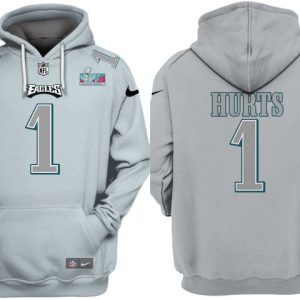 Philadelphia Eagles #1 Jalen Hurts Grey Atmosphere Fashion Super Bowl LVII Patch Pullover Hoodie