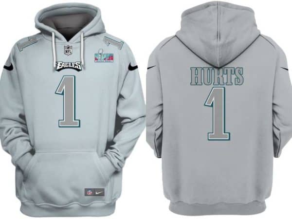 Philadelphia Eagles #1 Jalen Hurts Grey Atmosphere Fashion Super Bowl LVII Patch Pullover Hoodie