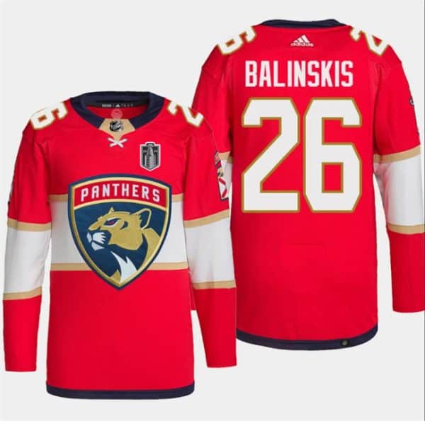 Florida Panthers #26 Uvis Balinskis Red 2024 Stanley Cup Final Patch Stitched Jersey