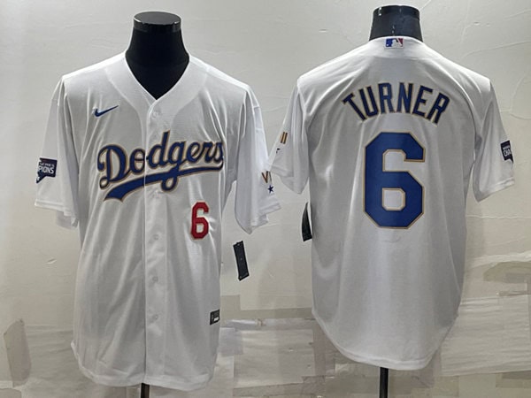 Los Angeles Dodgers #6 Trea Turner White Gold Championship Cool Base Stitched Baseball Jersey
