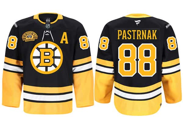 Boston Bruins #88 David Pastrnak Black 2024 100th Anniversary Patch Stitched Game Jersey
