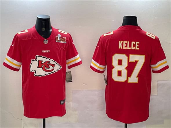 Kansas City Chiefs #87 Travis Kelce Red 2025 Super Bowl LIX Patch Team Big Logo Vapor Limited Stitched Jersey