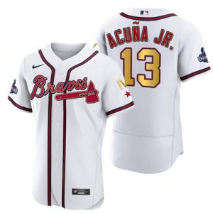 Atlanta Braves #13 Ronald Acuna Jr. White Gold World Series Champions Flex Base Stitched Jersey