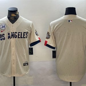 Los Angeles Dodgers Blank Cream 2024 World Series With No. 34 Patch Limited Stitched Jersey
