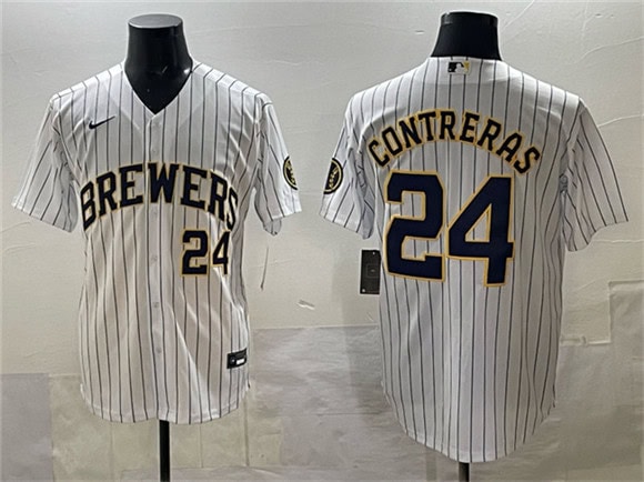 Milwaukee Brewers #24 William Contreras White Pinstripe 2025 With Patch Stitched Stitched Jersey