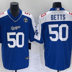 Los Angeles Dodgers #50 Mookie Betts Blue Vin Scully Patch Stitched Jersey