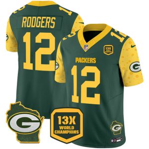 Green Bay Packers #12 Aaron Rodgers Green 2024 F.U.S.E. 13 Time World Champions And Home Patch Vapor Untouchable Limited Stitched Jersey