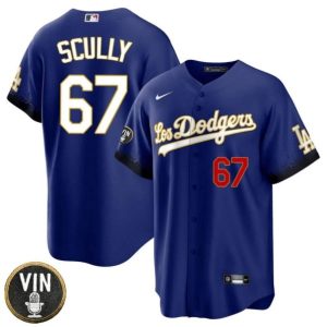Los Angeles Dodgers #67 Vin Scully Blue 2022 White Vin Scully Patch Cool Base Stitched Baseball Jersey