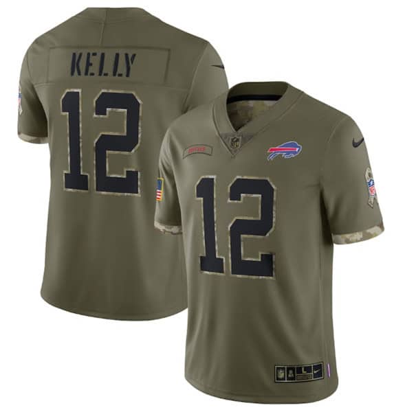 Buffalo Bills #12 Jim Kelly 2022 Olive Salute To Service Limited Stitched Jersey