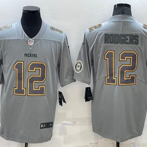 Green Bay Packers #12 Aaron Rodgers Gray With Patch Atmosphere Fashion Stitched Jersey