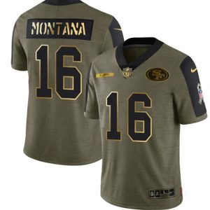 San Francisco 49ers #16 Joe Montana 2021 Olive Camo Salute To Service Golden Limited Stitched Jersey