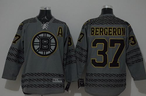 Bruins #37 Patrice Bergeron Charcoal Cross Check Fashion Stitched Jersey