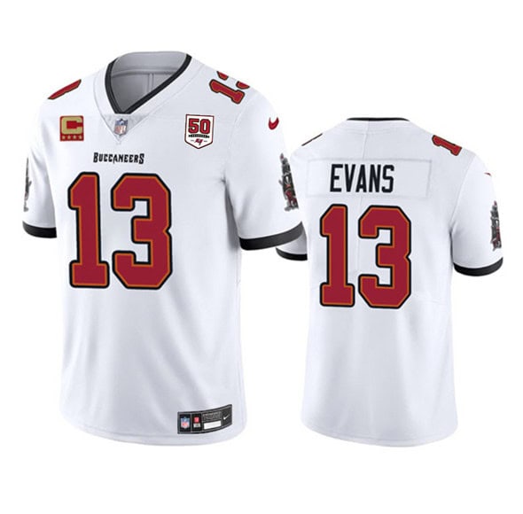 Tampa Bay Buccaneers #13 Mike Evans White 2025 50th Anniversary Patch And 4-Star C Patch Vapor Untouchable Limited Football Stitched Jersey