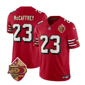San Francisco 49ers #23 Christian McCaffrey Red 2023 F.U.S.E. 50th Patch Throwback Stitched Jersey