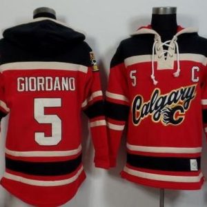 Flames #5 Mark Giordano Red Black Sawyer Hooded Sweatshirt Stitched Jersey