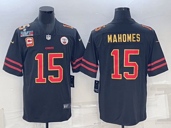 Kansas City Chiefs #15 Patrick Mahomes Black Red Gold Super Bowl LVII Patch And 4-Star C Patch Vapor Untouchable Limited Stitched Jersey