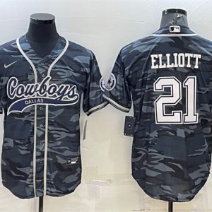 Dallas Cowboys #21 Ezekiel Elliott Gray Camo With Patch Cool Base Stitched Baseball Jersey