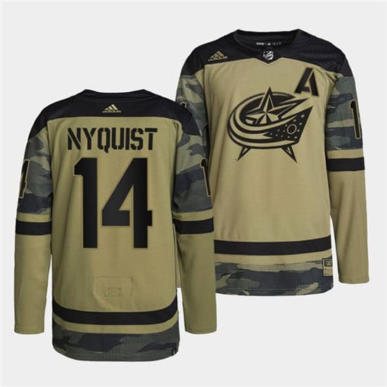 Columbus Blue Jackets #14 Gustav Nyquist 2022 Camo Military Appreciation Night Stitched Jersey