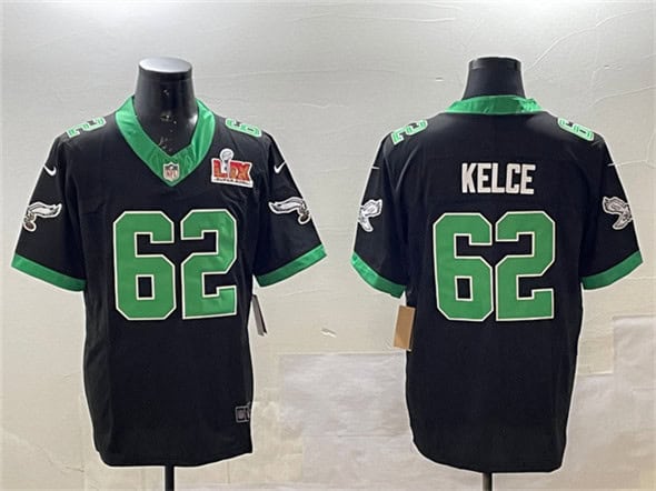 Philadelphia Eagles #62 Jason Kelce Black 2025 Super Bowl LIX Patch F.U.S.E. Vapor Untouchable Limited Stitched Jersey