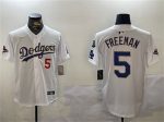 Los Angeles Dodgers #5 Freddie Freeman White Gold 2024 World Series Champions With Fernando Memorial Patch Home Limited Stitched Jersey