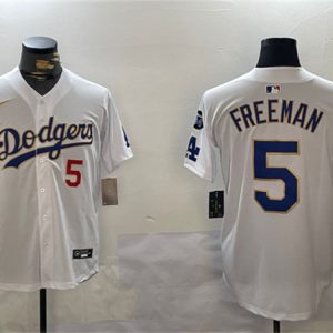 Los Angeles Dodgers #5 Freddie Freeman White Gold 2024 World Series Champions With Fernando Memorial Patch Home Limited Stitched Jersey