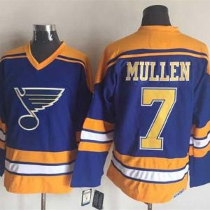 Blues #7 Joe Mullen Light Blue Yellow CCM Throwback Stitched Jersey