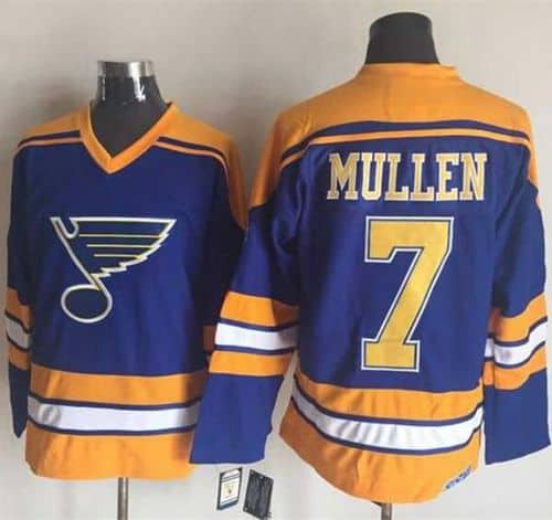 Blues #7 Joe Mullen Light Blue Yellow CCM Throwback Stitched Jersey