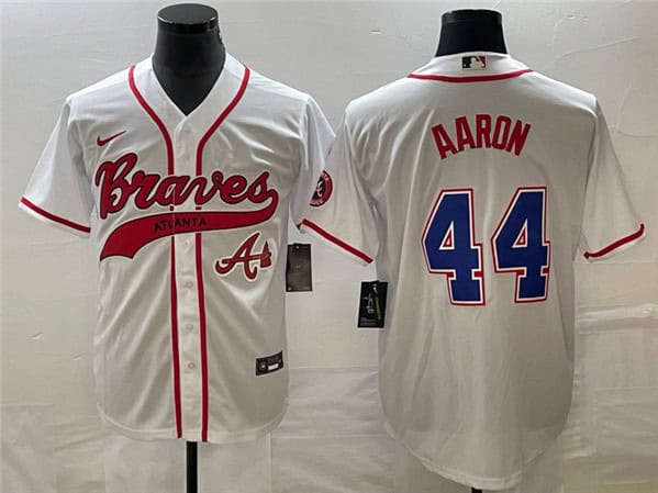 Atlanta Braves #44 Hank Aaron White Cool Base With Patch Stitched Jersey