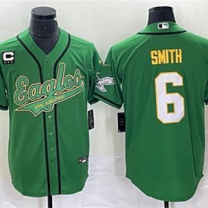 Philadelphia Eagles #6 DeVonta Smith Green Gold With C Patch Cool Base Stitched Jersey