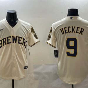 Milwaukee Brewers #9 Bob Uecker Cream With Home Patch Stitched Jersey