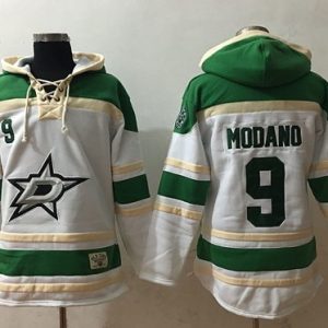 Stars #9 Mike Modano White Sawyer Hooded Sweatshirt Stitched Jersey