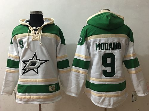 Stars #9 Mike Modano White Sawyer Hooded Sweatshirt Stitched Jersey