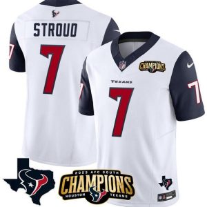 Houston Texans #7 C.J. Stroud White Navy 2023 F.U.S.E. AFC South Champions Patch And Team Logo Patch Vapor Untouchable Limited Stitched Jersey
