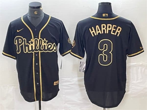 Philadelphia Phillies #3 Bryce Harper Black Gold Cool Base Stitched Jersey
