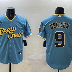 Milwaukee Brewers #9 Bob Uecker Powder Blue City Connect With Patch Cool Base Stitched Jersey