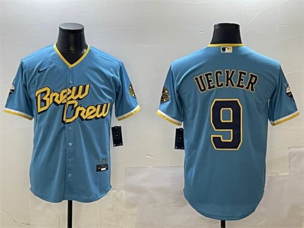 Milwaukee Brewers #9 Bob Uecker Powder Blue City Connect With Patch Cool Base Stitched Jersey