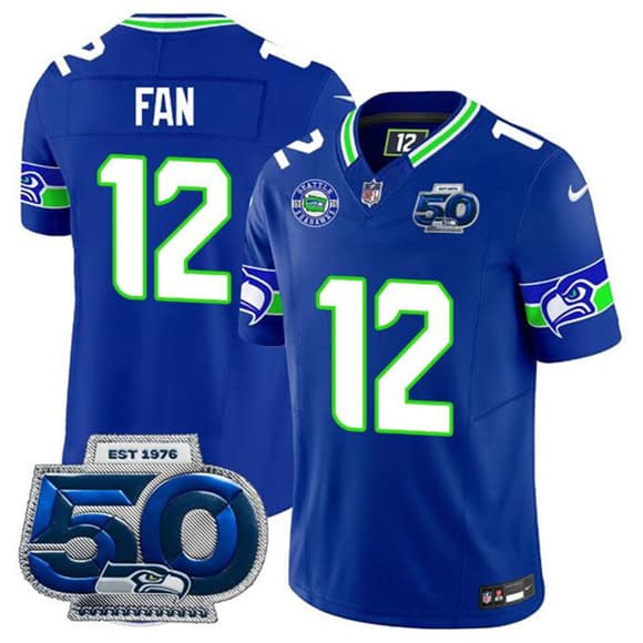 Seattle Seahawks #12 Fan Royal 2025 F.U.S.E 50th Season Patch Throwback Vapor Limited Football Stitched Jersey
