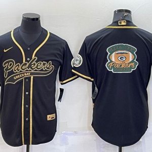 Green Bay Packers Black Gold Team Big Logo With Patch Cool Base Stitched Baseball Jersey