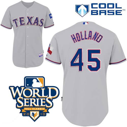 Rangers #45 Derek Holland Grey Cool Base W 2010 World Series Patch Stitched Jerseys
