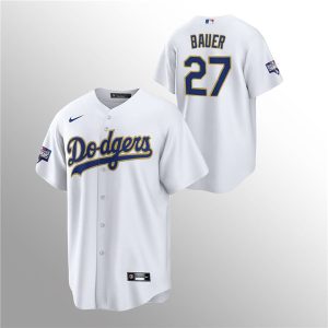 Los Angeles Dodgers #27 Trevor Bauer 2021 Gold Program White Cool Base Stitched Jersey