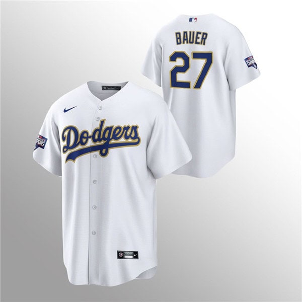 Los Angeles Dodgers #27 Trevor Bauer 2021 Gold Program White Cool Base Stitched Jersey