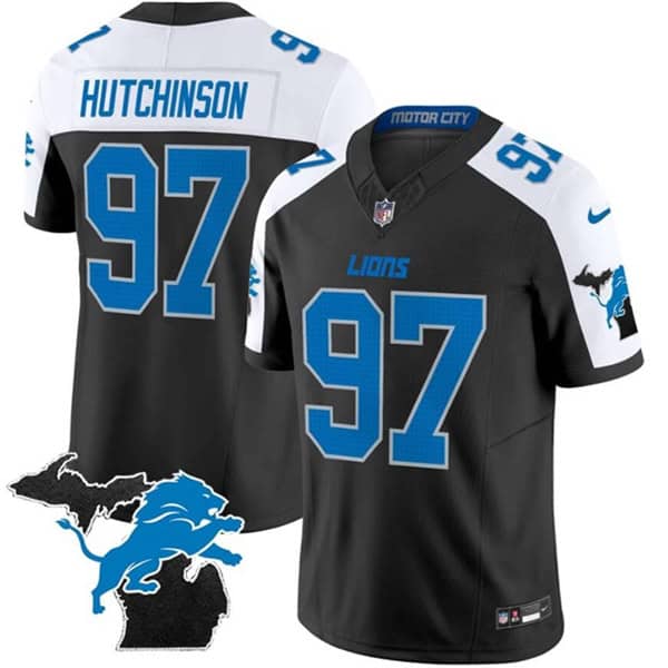Detroit Lions #97 Aidan Hutchinson Black White F.U.S.E. 2024 Michigan Patch Vapor Limited Stitched Jersey