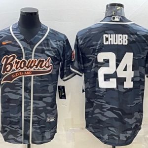 Cleveland Browns #24 Nick Chubb Gray Camo With Patch Cool Base Stitched Jersey